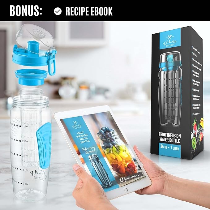 Zulay Fruit Infuser Water Bottle - 34oz - Leakproof With Full-Length Infusion Rod - Men Women's Ideal Fitness Gift Or For Gym, Camping