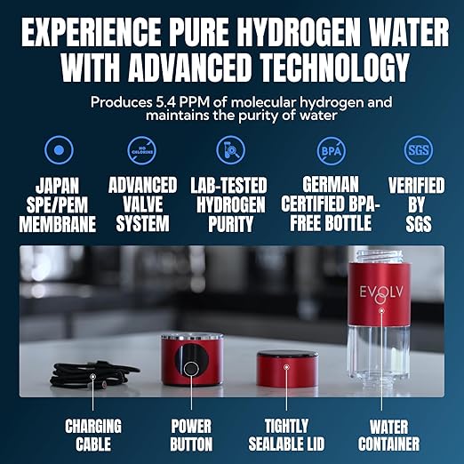 EVOLV Hydrogen Water Bottle Generator – SPE & PEM Water Ionizer 5.4PPM, Highest H2 Concentration – Portable 8oz Hydrogenated Water Bottle – Leak-Proof Hydrogen Water Machine, Easy to Use – Crimson