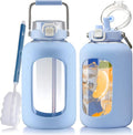 Large Glass Water Bottles with Stainless Steel Handle,100 oz Gallon Drinking Bottle with 2-in-1 Straw Lid,3 Liter Glass Water Jug with Silicone Sleeve,Wide Mouth,Light Blue