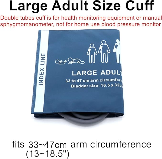 Universal NIBP Cuff for Large Adult, 33-47 cm Double Tube Reusable PU Replacement Blood Pressure Cuff, No Connector