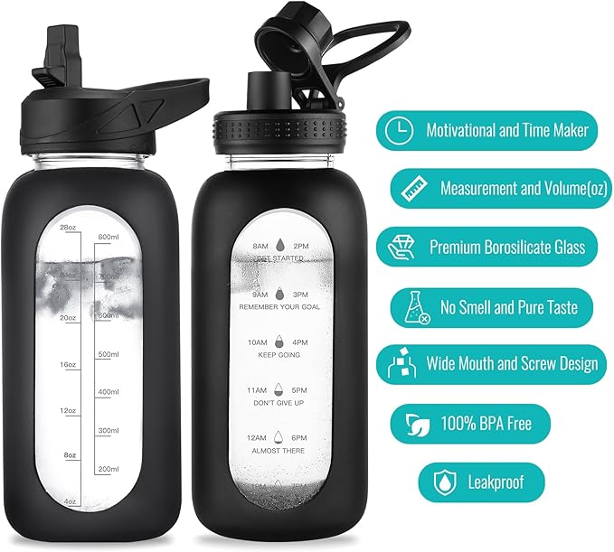 32 oz Glass Water Bottle with Straw and Handle, Sports Motivational Water Flask with Silicone Sleeve, Large Leakproof Water Flask Cup with Time Marker for Travel, Gym, Seafoam
