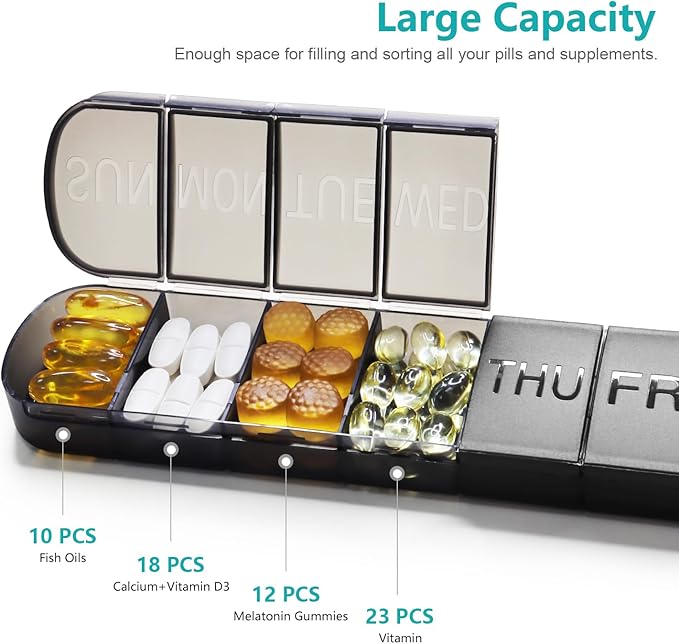 Large Weekly Pill Organizer, 2-Pack 7 Day Pill Box with Debossed Labels, Fade Resistant, BPA-Free Translucent Lids (Black & Black)