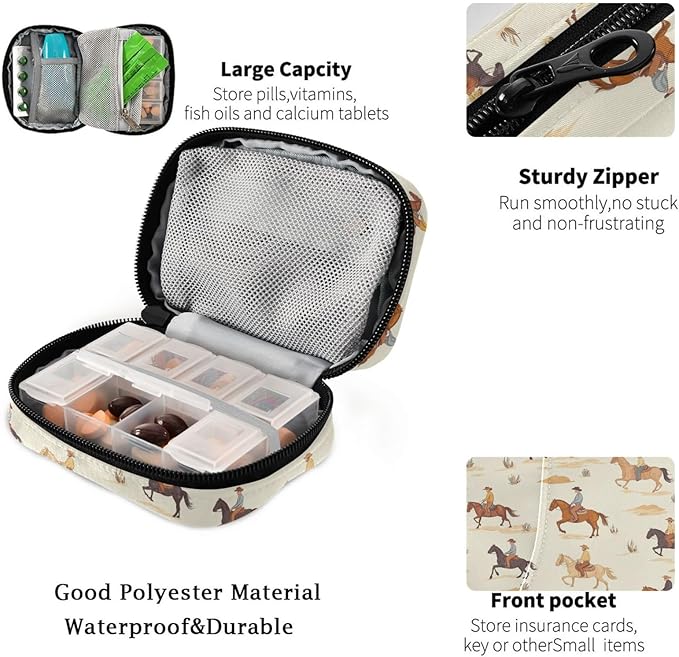 Fustylead Cartoon Cowboy Riding Horse and Cactus Pill Organizer for Purse, Weekly Portable Pill Box with Zipper to Storage Vitamins Fish Oils Medications Supplements