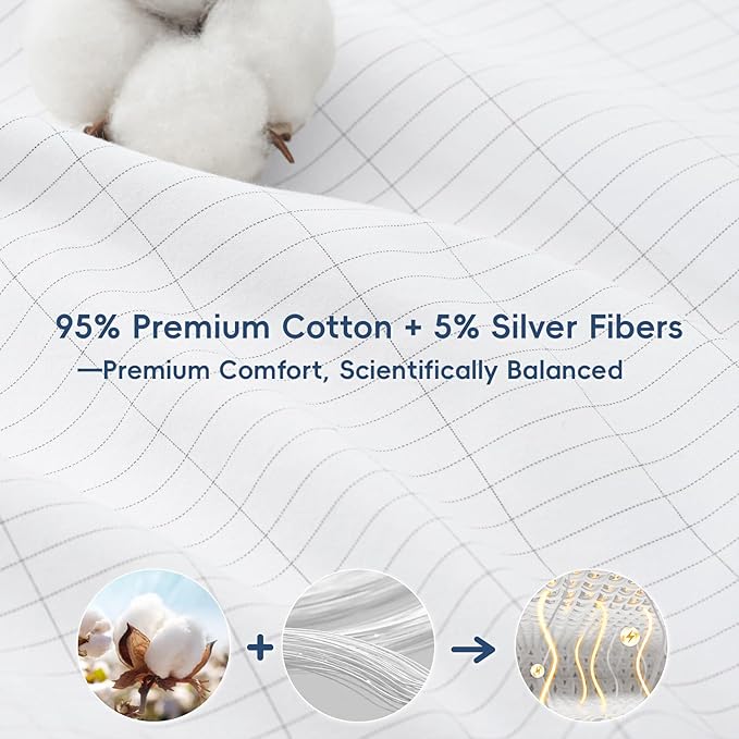 David's Home Grounding Fitted Sheet Queen Size,95%Cotton 5%Silver,Comfort Softer Better Healthier,Earth Grounded Conductive Bed Sheet with Grounding Cord&Test Pen,16" Deep Pocket&Storage Pocket,White