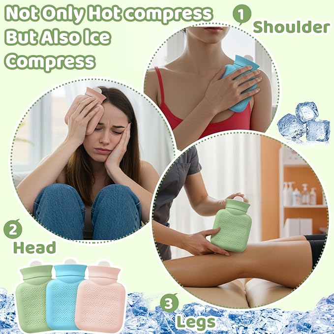 Amylove 3 Pcs Mini Hot Water Bottle for Hot & Cold Compress with Cover 320ml Silicone Microwave Heating Bottles Small Water Bag for Travel Holiday Gift(Pink, Blue, Green,Heart Print)