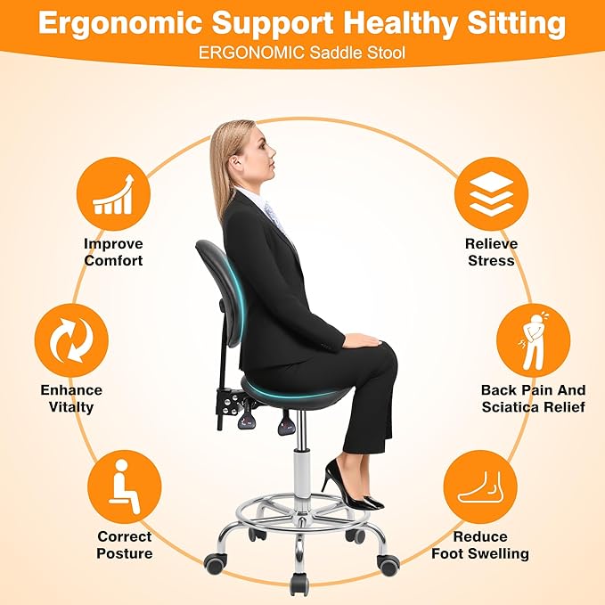 Saddle Stool Chair with Back Support, Multi-Functional Ergonomic Saddle Chair with Wheels for Salon Spa Dentist Clinic Esthetician Saddle Stools for Hair Stylist Tattoo(with Backrest, Black)
