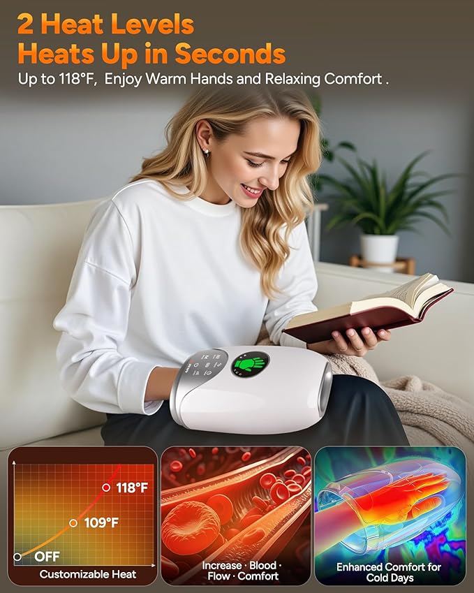 Hand Massager with Heat and Compression : Hand and Wrist Massager with Customizable Modes, Finger Stretch Function, Visual Display, Palm Roller - Daily Comfort for Women, Men, Home, Office Use,White