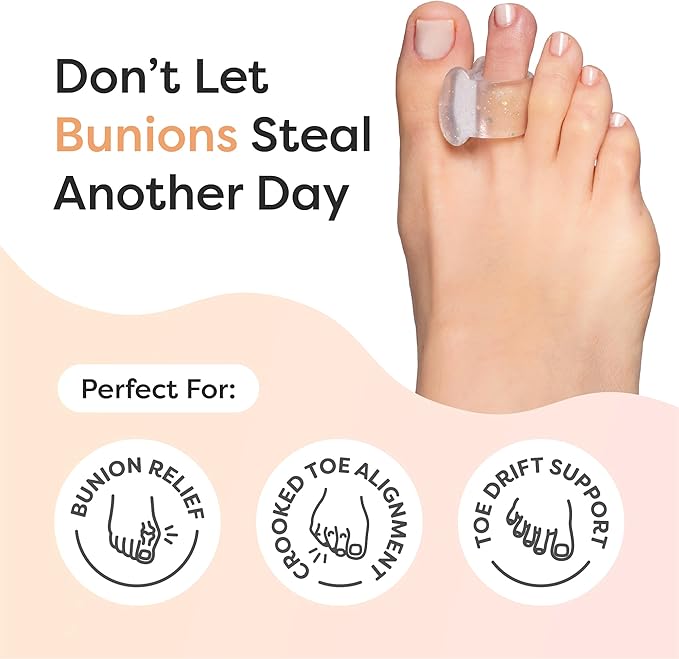 ZenToes Gel Toe Separators for Overlapping Toes, Bunions, Big Toe Alignment, Corrector and Spacer - 4 Pack (Glitter)