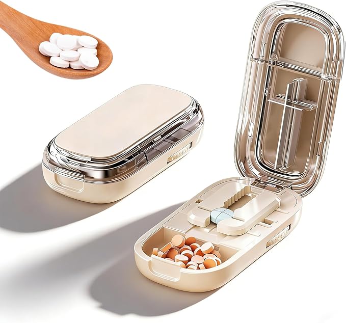 Pill Cutter for Cutting Multiple Pills, 1/2 1/4 Pill Splitter for Large, Small and Tiny Pills, with Improved Sharp Blade, Centering Device (Cream White, One Size fits All)