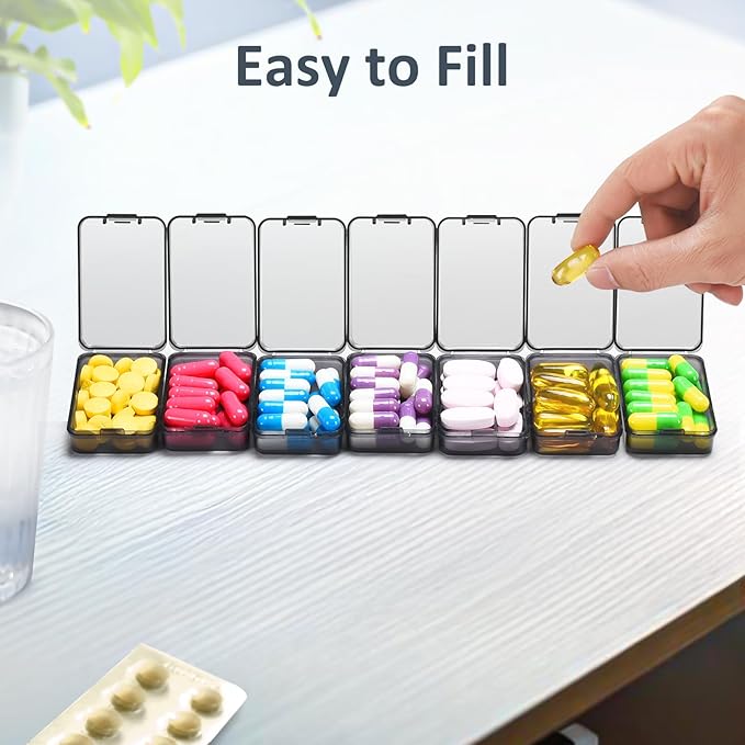 Fullicon Small Pill Organizer for Purse, Daily Travel Medicine Pill Case, Weekly 7 Day Daily Pill Box, Pocket Pharmacy Pill Container Dispenser Holder with Labels for Supplement and Vitamins (Black)