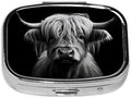 Pill Box-2 Compartment Small Pill Case Square Organizer Case with Mirror Portable Metal Medicine Box Travel Container for Pocket & Purse Women Men(Black Highland Cow)