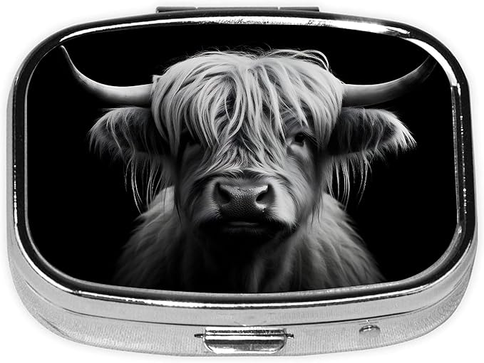 Pill Box-2 Compartment Small Pill Case Square Organizer Case with Mirror Portable Metal Medicine Box Travel Container for Pocket & Purse Women Men(Black Highland Cow)