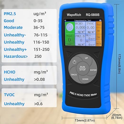 Air Quality Monitor PM2.5 PM10 Particle Counter, 4-in-1 Formaldehyde Detector for HCHO, TVOC, Indoor Air Quality Tester with Alarm, Rechargeable for Home, Office, Industrial Use - RQ-5800S