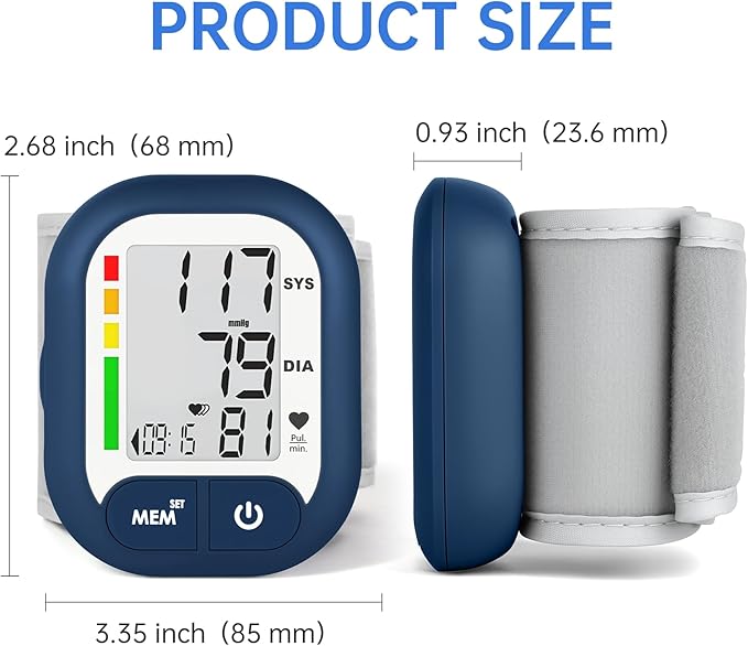 Blood Pressure Monitor Adjustable Wrist Cuff for Home Use Automatic BP Machine Large Digital LCD Display 199 Memory Batteries Included with Carrying Case, Navy