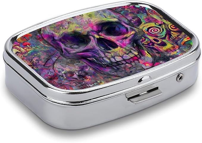 Metal Pill Organizer – 2-Compartment Pocket Pill Box for Vitamins, Supplements, Medications – Compact Travel Case (Psychedelic Skull Frenzy)