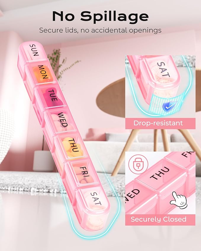 Daviky Weekly Pill Organizer, Large 7 Day Pill Box, Travel Pill Case, Daily Pill Dispenser for Vitamins, Medicines, Supplements, and Fish Oil(Pink)
