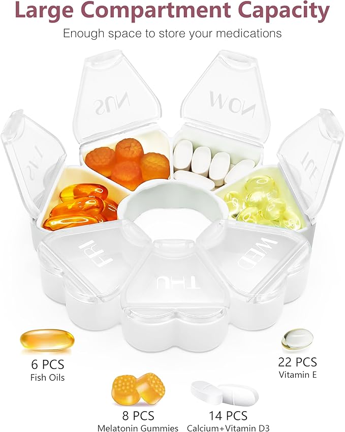 Cute Pill Organizer 7 Day, Color Blocking Weekly Pill Case, Daily Medicine Pill Box with Large Capacity Compartments for Fish Oils/Vitamins/Medication/Supplements (White)