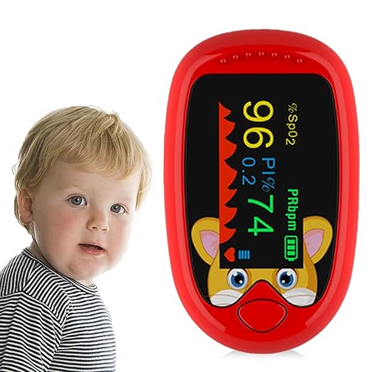 Pulse Oximeter for Kids (Aged 2-12) Rechargeable Children Oxygen and Heart Monitor Fingertip Blood Oxygen Meter Lanyard Portable Digital Oxygen Saturation Monitor (red)