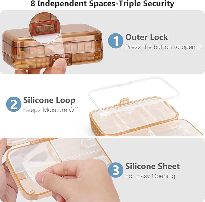 FYY Weekly Pill Organizer with Labels,8 Compartments Travel Daily Pill Case Airtight Moistureproof Large Pill Box to Hold Vitamins, Fish Oil, Supplements,Cotton Swab and Bandages-Brown