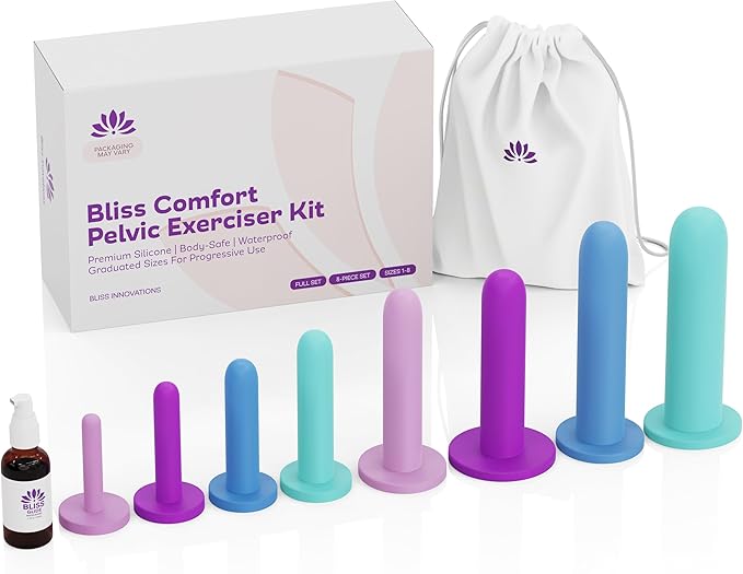 Bliss Innovations Comfort 8-Piece Silicone Wellness Set – Full Progression Kit for Pelvic Floor Support & Flexibility – Soft, Body-Safe – Sizes 1–8 with Elegant Bag + 1.3 oz Glide Bottle – $10 Value