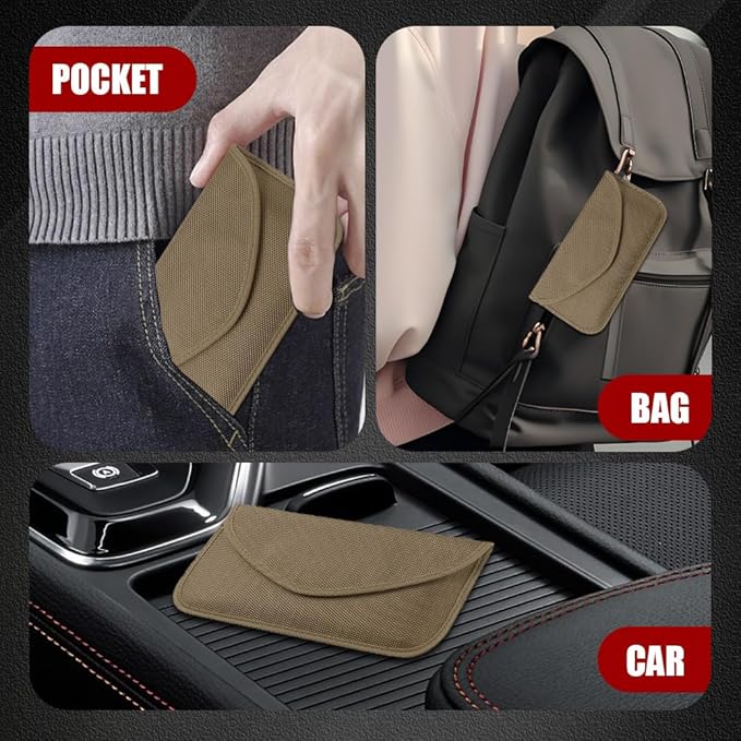 2PCS Faraday Bags for Car Key and Cell Phone, Signal Blocking Bag, Faraday Key Fob Protector, Universal Cell Phone Privacy Card Protection Car Accessories for Anti-Thefting (Khaki+Purple)