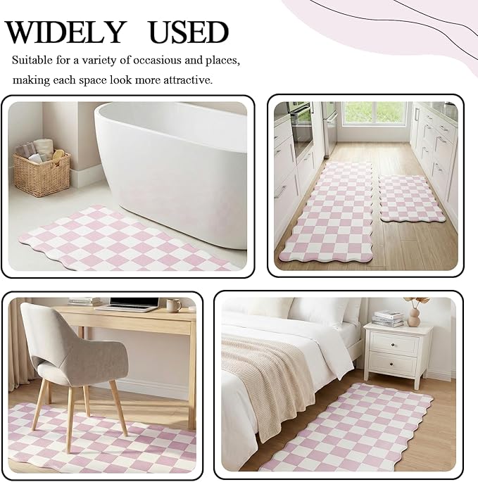Scalloped Pink Checkered Grid Checkerboard Kitchen Rug Sets [2 PCs], Anti-Fatigue, Waterproof Non-Slip Kitchen Mats Heavy Duty Ergonomic Comfort Foam Rug for Floor, Laundry,17"x29"+17"x47"