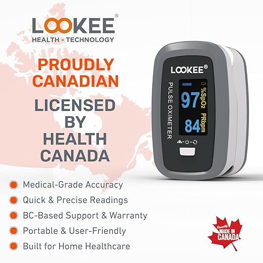 LOOKEE LK50D1 Deluxe Fingertip Pulse Oximeter - Finger SpO2 Blood Oxygen Saturation Monitor with Auto Rotate OLED Display Plethysmograph Waveform & Pulse Graph - Batteries Included