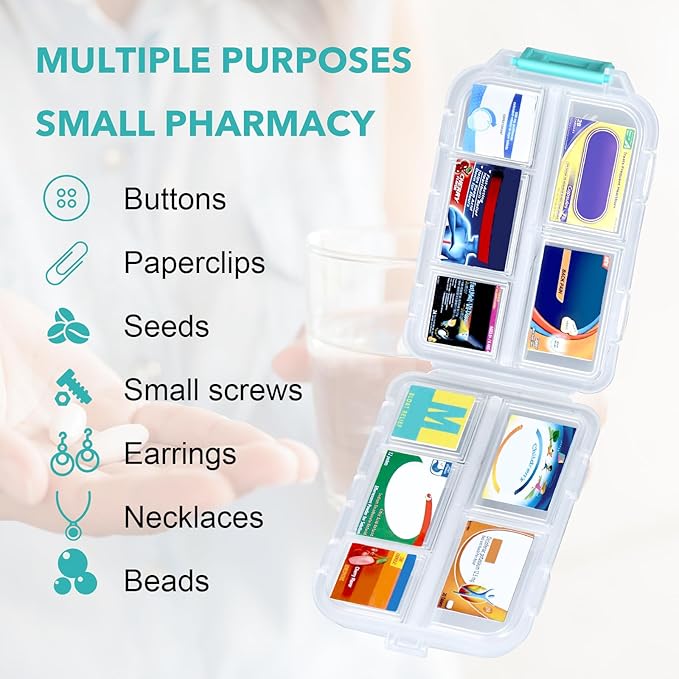 Large Travel Pill Organizer with Medicine Labels, 10 Compartments Travel Pill Box Medicine Organizer Purse Pill Case Daily Pill Container (White, 189 Lables)