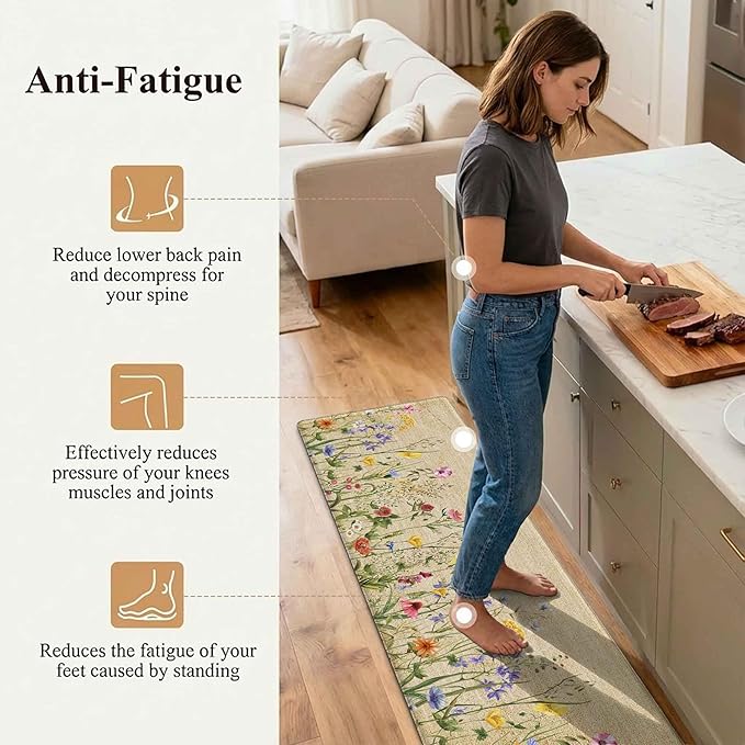 Kitchen Rug Mats for Floor Cushioned Anti Fatigue Floral Kitchen Rugs Sets of 2 Farmhouse Wildflowers Non Slip Waterproof Comfort Memory Foam Standing Floor Mat for Office Laundry Sink Desk