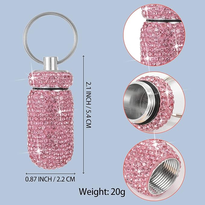 Bling Pill Case Portable Travel Pill Container Bottle Rhinestone Waterproof Small Pill Holder with Keychain Cute Mini Pill Storage Box for Outdoor Camping (Pink Purple)