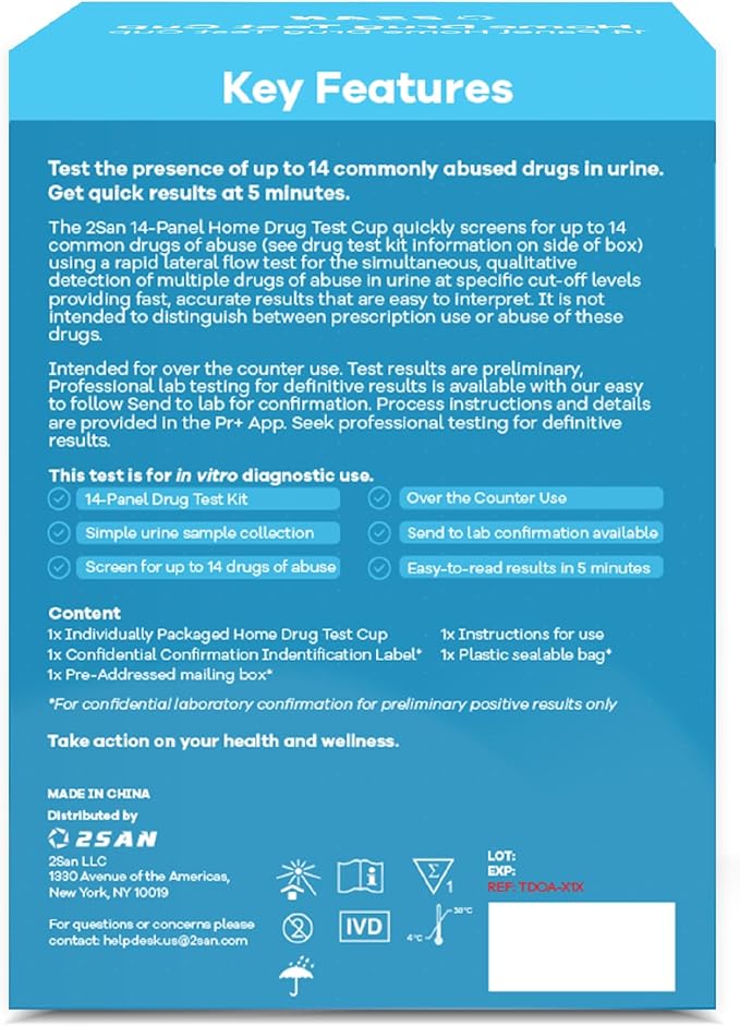 2San 14-Panel Drug Test Cup – Fast 5-Min Results – Screens for THC Cocaine Meth Opiates PCP MDMA Oxy & More – Accurate at-Home Urine Test Kit