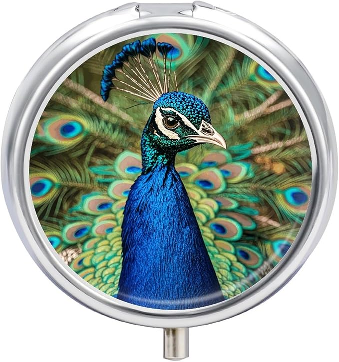 Beautiful Peacock Pill Organizer Cute Pill Box Decorative Metal Pill Case Portable Vitamin Organizer Travel Medicine Holder Mini Pill Storage Container for Purse