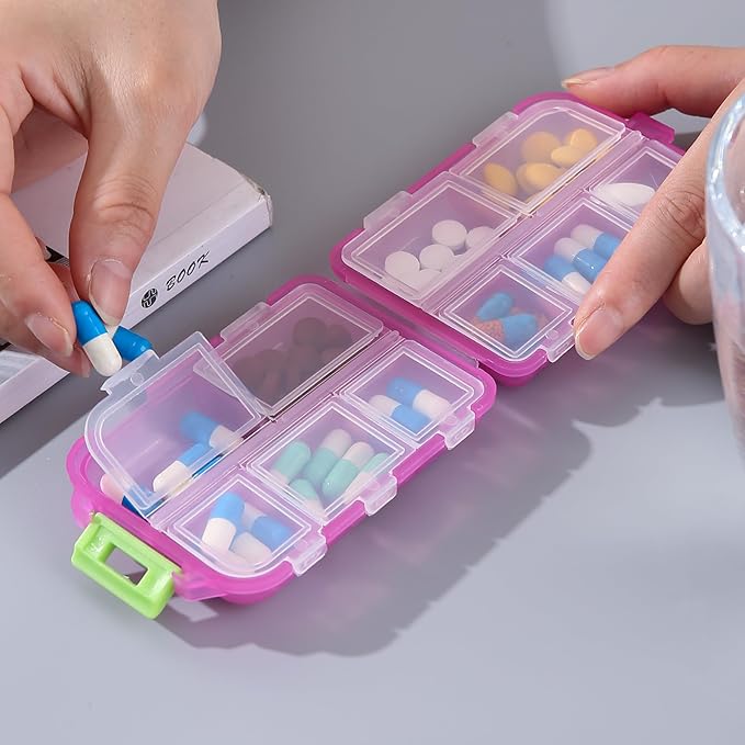 1Pack Travel Pill Organizer - 10 Compartments Pill Case, Compact and Portable Pill Box, Perfect for On-The-Go Storage, Pill Holder for Purse Pink