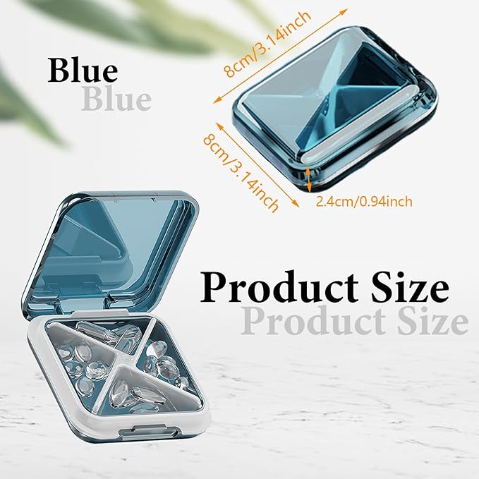 Small Pill Box Waterproof Travel Pill Case Portable Daily Pill Container Pill Holder for Purse 4 Compartments Pocket Compact Medicine Organizer for Fish Oils,Supplements,Medication (Blue)