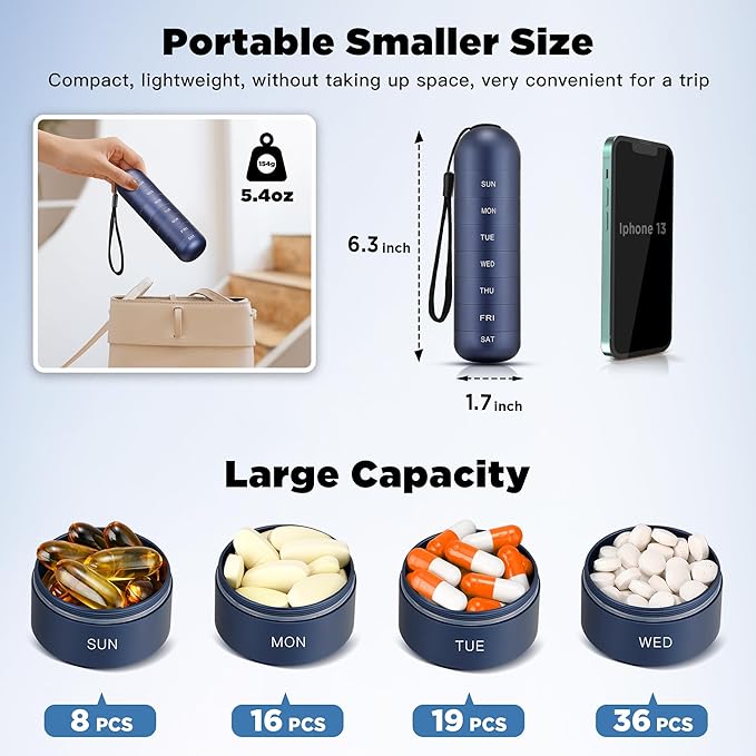 Zannaki Metal Moisture Proof Weekly Pill Organizer, Stackable Aluminum Alloy BPA Free Travel Hiking 7 Day Pill Box Case Waterproof and Large Compartment to Hold Pills, Vitamins, Fish Oil, Supplements
