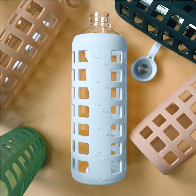 purifyou 40oz / 32oz / 22oz / 12oz Borosilicate Glass Water Bottle with Time & Volume Markers, Silicone Sleeve, Stainless Steel Lid | Reusable Glass Bottle for Water & Juice (32oz Ice Blue)