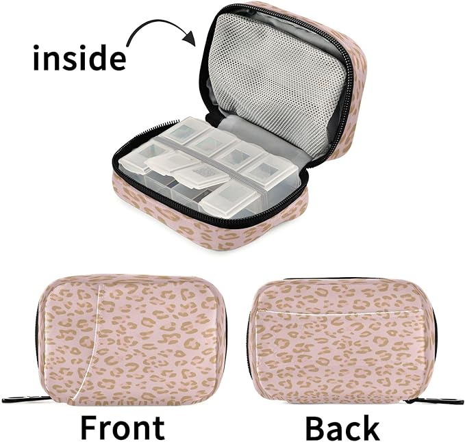 xigua Golden Leopard Print Pill Box 7 Day Travel Pill Cases Bag,Weekly Portable Pill Organizer Bag with Zipper for Vitamin Supplement Fish Oil373