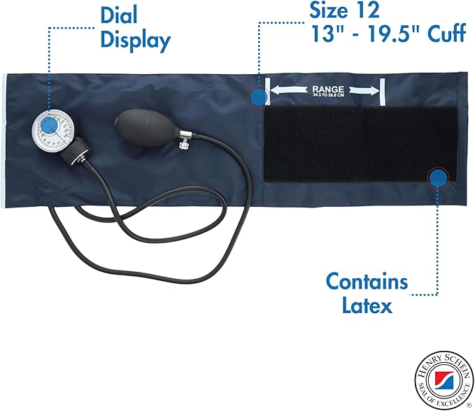Adult Pro Aneroid Sphygmomanometer – Size 12 Navy Blue Cuff, Manual Blood Pressure Monitor, Reusable, Dial Display, Includes Leatherette Carrying Case – 1 Count
