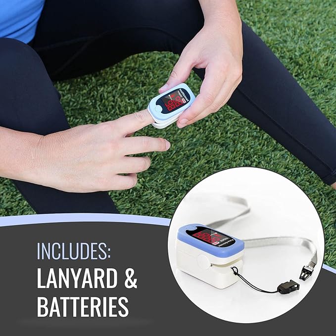 HealthSmart Pulse Oximeter for Fingertip, Displays Blood Oxygen Saturation & Pulse Rate, Accurate & Reliable, Batteries & Lanyard Included