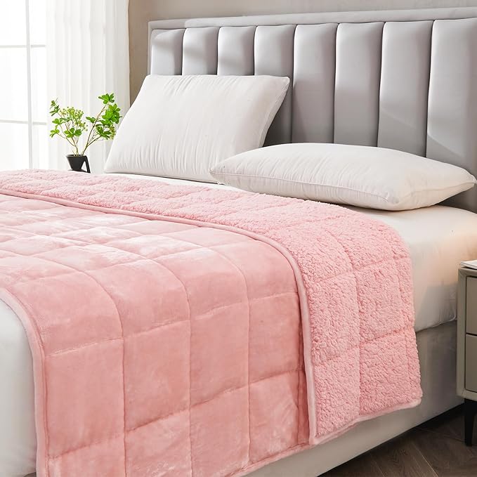 Topblan Sherpa Fleece Weighted Blanket for Adult, 15 lbs Dual Sided Cozy Fluffy Heavy Blanket, Ultra Fuzzy Throw Blanket with Soft Plush Flannel Top, 48 x 72 inches, Pink