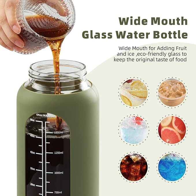Glass Water Bottle with Straw and Handle Lid Half Gallon Motivational Glass Bottle with Silicone Sleeve and Time Marker Large Reusable Sports Water Jug for Gym Home Workout
