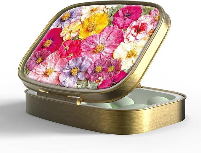Small Pill Box Pill Case with Mirror Retro Pocket 2 Compartment Pill Holder for Purse or Pocket Bronze Portable Medicine Vitamin Container Fish Oil and Supplement Storage BPA-Free
