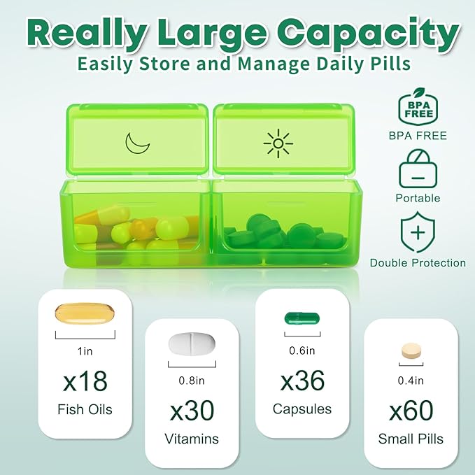 Monthly Pill Organizer 2 Times a Day with Weekly Pill Bag, 30 Day Pill Organizer 2 Times a Day with Large 32 Compartments, Monthly Stickers, Pill Cutter, Hard Travel Case Medicine Vitamins Case
