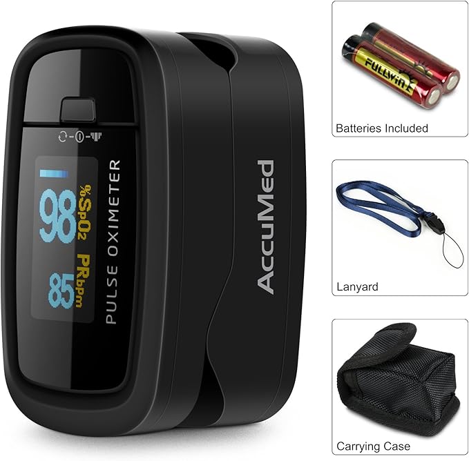 AccuMed CMS-50D1 Fingertip Pulse Oximeter Blood Oxygen Sensor SpO2 for Sports and Aviation. Portable and Lightweight with LED Display, 2 AAA Batteries, Lanyard and Travel Case (Black)