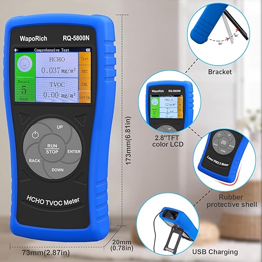 Air Quality Pollution Monitor, Formaldehyde Detector 0-2.50 mg/m³, 2-in-1 TVOC Meter HCHO Tester Indoor with Alarm, USB Rechargeable for Home, Office, HVAC - RQ-5800N