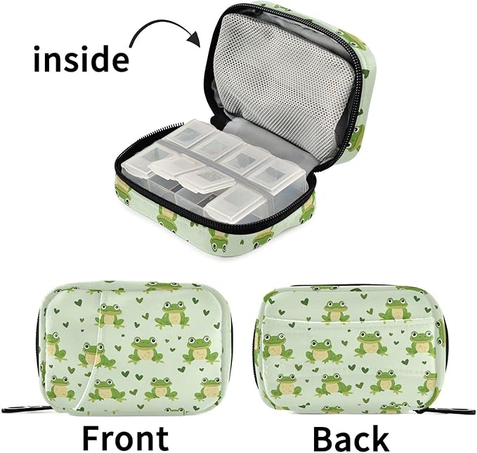 Fustylead Cute Green Happy Frog and Hearts Travel Pill Organizer Bag with Zipper Small Pill Box 7 Day Pill Case for Purse Storage Weekly Vitamin Medicine Supplement