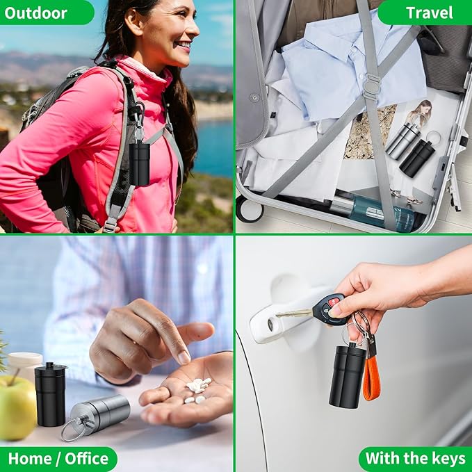 Portable Pill Case Keychain (2 Pack), Large Waterproof Aluminum Pill Box for Round Glucose Tablets & Critical Medicine, Small Pill Holder Travel Pill Container Bottle with Carabiners