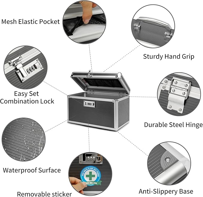 Combination Locking Medicine Box with Portable Storage Case, 12.2 x 7.2 x 7.6 Inch, Childproof Medication Lock Organizer, Lockbox for Secure Cash, Jewelry, ID Documents (Gray/Medium)