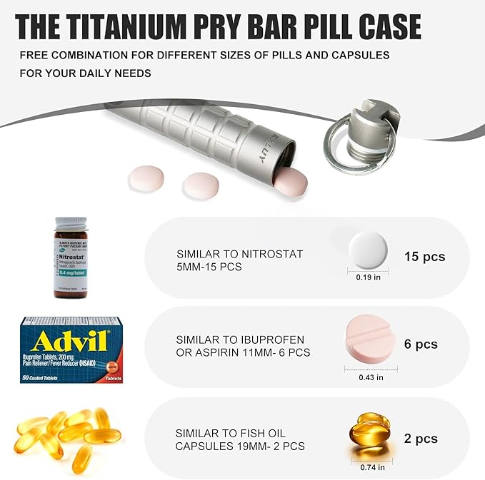 Titanium Keychain Pill Holder Pry Bar, Waterproof Emergency Pill Fob Organizer Container Case, Portable Purse Pocket Prybar Box for Outdoors Camping Travel EDC Accessories