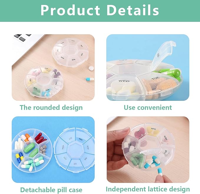 Pill Organizer, INVODA Pill Case7 Day Transparent Pill Box Weekly Pill Planner Remark from Sunday to Saturday Pill Container with7 Compartments (2 Pack)